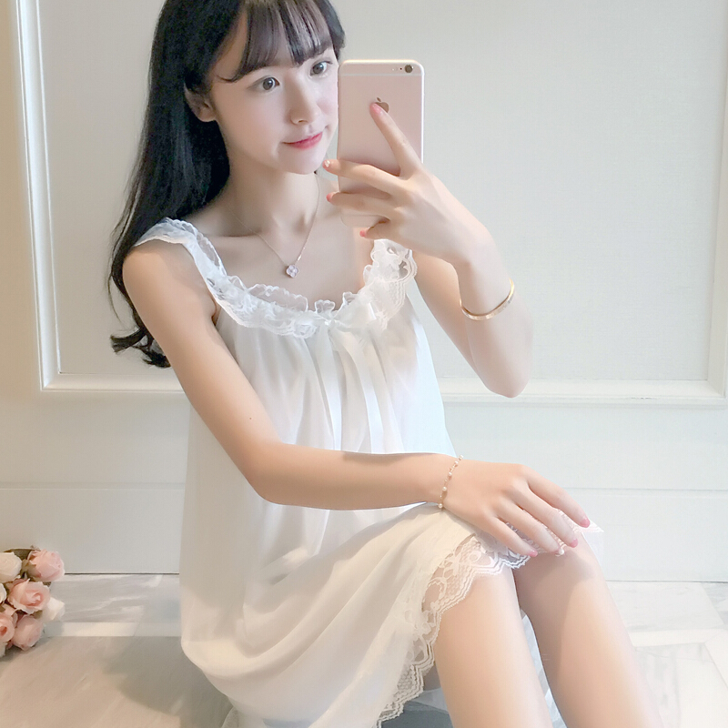 睡衣女夏季冰丝性感带睡裙甜美公主风韩版清新学生蕾丝带胸垫