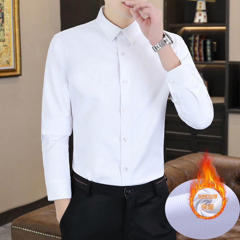 啄木鸟冬季一体绒衬衫男士长袖商务休闲弹力纯色加绒加厚保暖衬衣高清大图