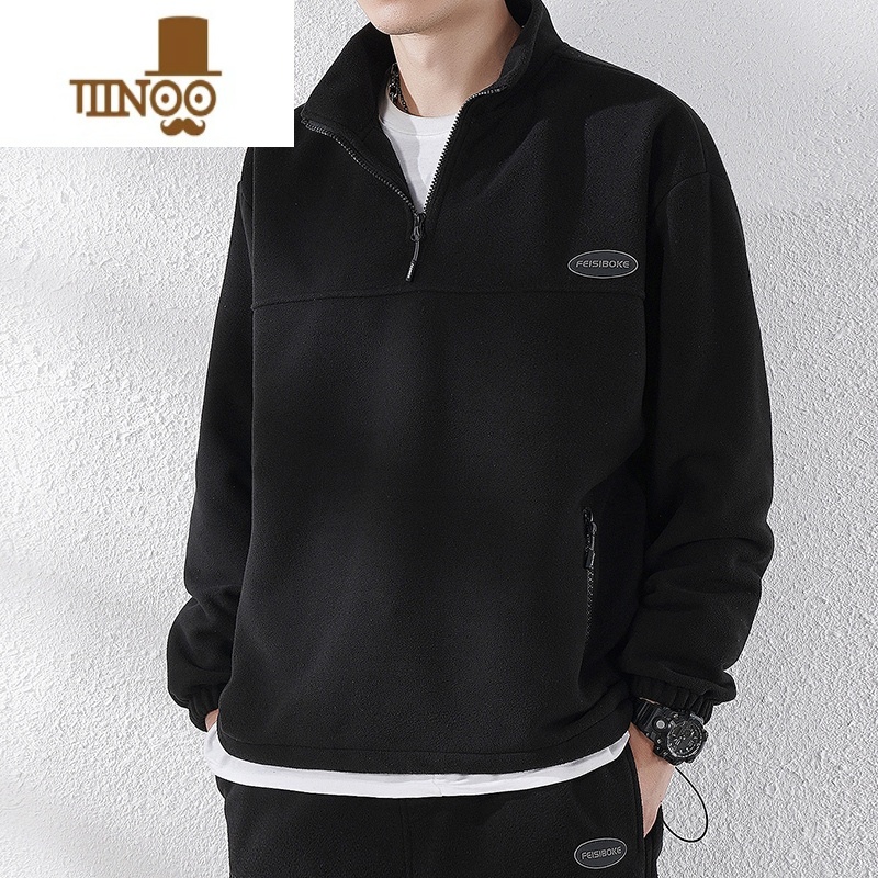 YANXU美式半拉链卫衣男抓绒胖子宽松加肥加大码套头立领摇粒绒外套高清大图