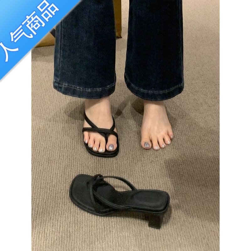 SUNTEK法式晚风凉拖外穿女鞋子2023年春夏新款粗跟细带配裙子百搭凉鞋图片