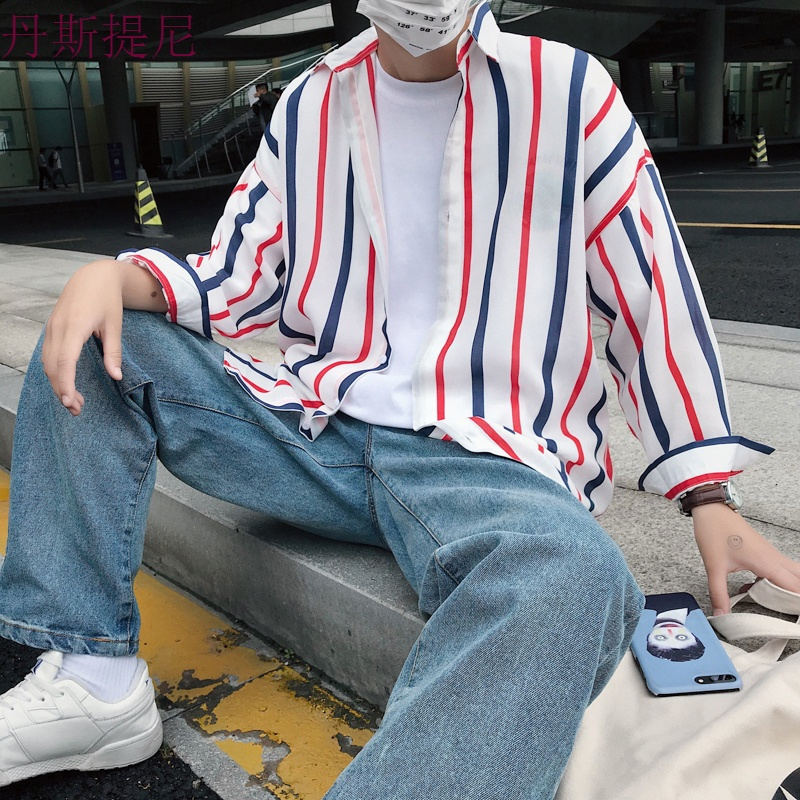 衬衫男2018新款原宿长袖男装港风修身型潮流男士条纹休闲宽松上衣