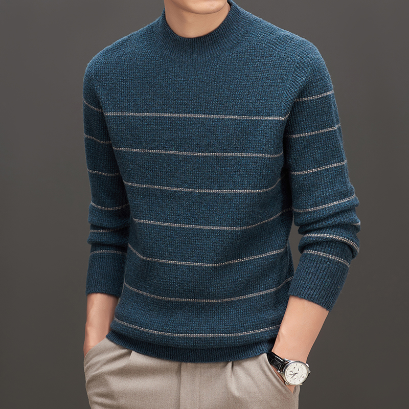 免费试穿 羊绒衫男圆领100%纯山羊绒衫条纹宽松打底衫加厚男士毛衣羊毛衫100%纯羊毛套头羊绒衫男士保暖上衣 中兰 175