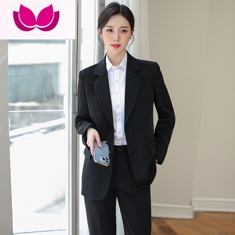 七斓正装女套装大学生宽松休闲时尚气质西装套装教资面试职业西服外套 M100-110斤 黑色外套+裤子
