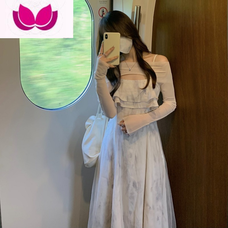 七斓秋装小香风高级感罩衫网纱晕染盐系穿搭御姐吊带连衣裙套装女