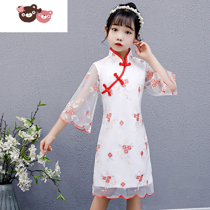 绿彩虹光女童旗袍夏季中国风儿童唐装改良薄款小女孩红色古筝演出服