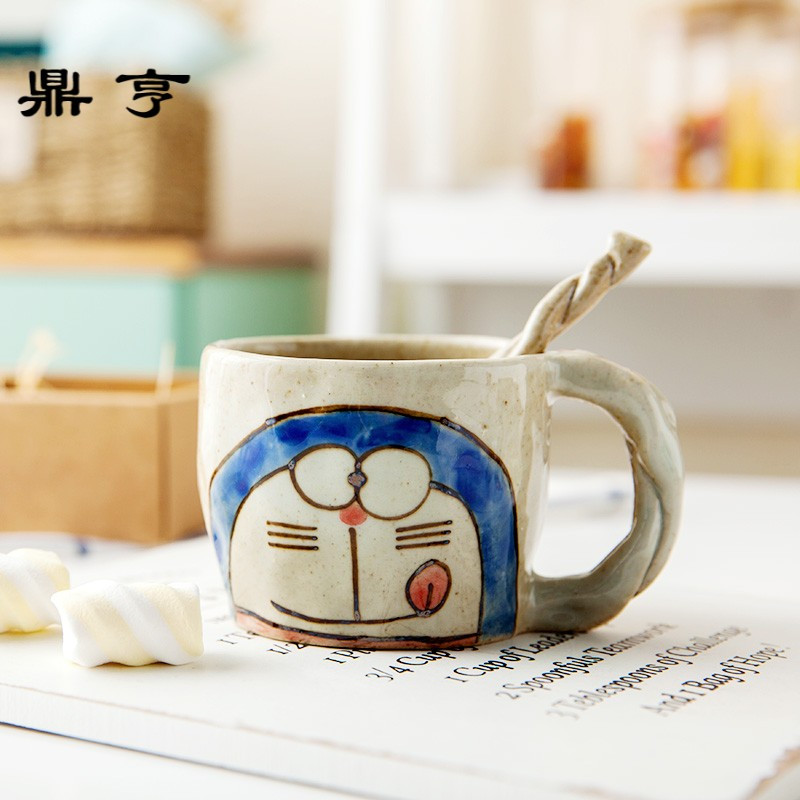 鼎亨包邮 日式创意马克杯机器猫 手绘陶瓷水杯简约情侣杯方盘方杯