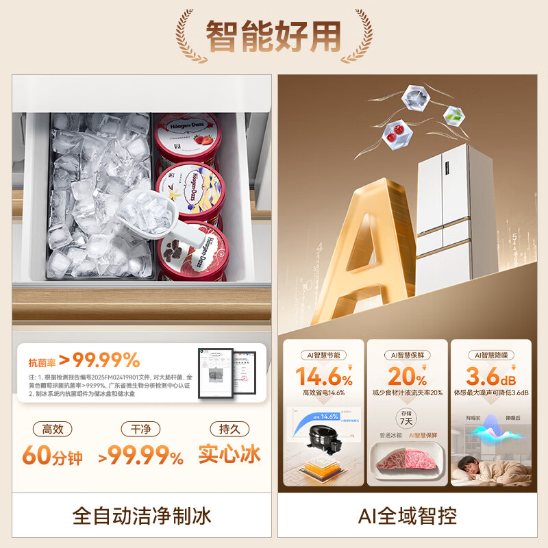 美菱小确杏机皇 520L法式多门冰箱自动制冰双系统超薄零嵌入式净味新一级能效 BCD-520WFP9CIZXG1高清大图