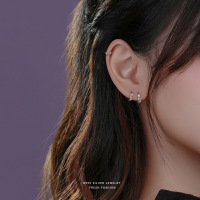 s999纯银耳环女简约百搭耳圈镂空镶锆石素圈耳扣足银耳饰品批发