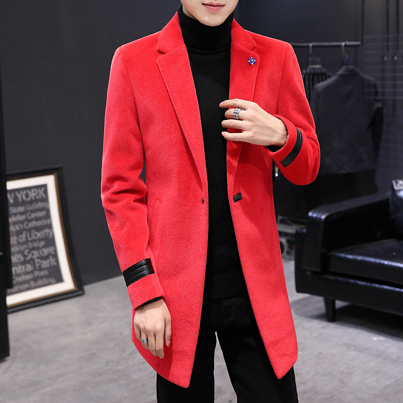 yuansu大红色呢子外套男士痞帅风衣中长款2020秋冬加厚潮流毛呢大衣