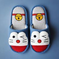 四季亚麻拖鞋女夏居家可爱春秋厚底防滑家用棉麻布情侣地板拖鞋男 蓝色 36-37(适合36-35穿)