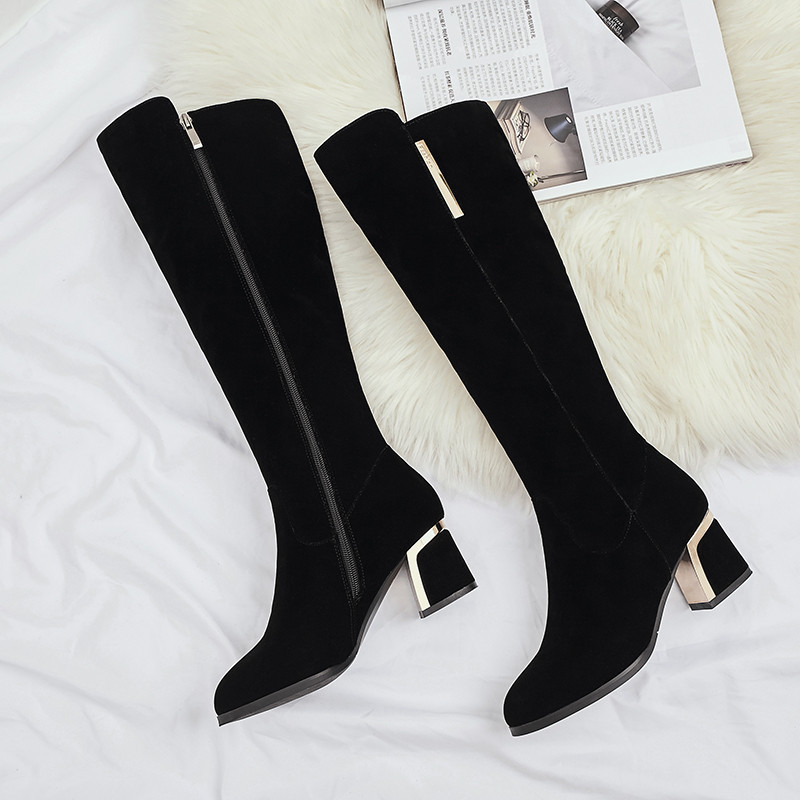 长筒靴女磨砂粗跟尖头高筒靴子瘦瘦靴秋冬季不过膝靴长靴女高跟鞋