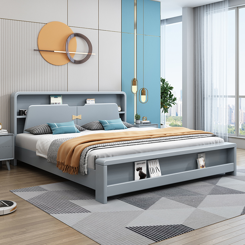 欧梵森 北欧橡胶木床美式主卧床1.5米床双人床实木床家用夜灯储物床欧式大床软包床现代简约小户型婚床套装组合卧室家具床