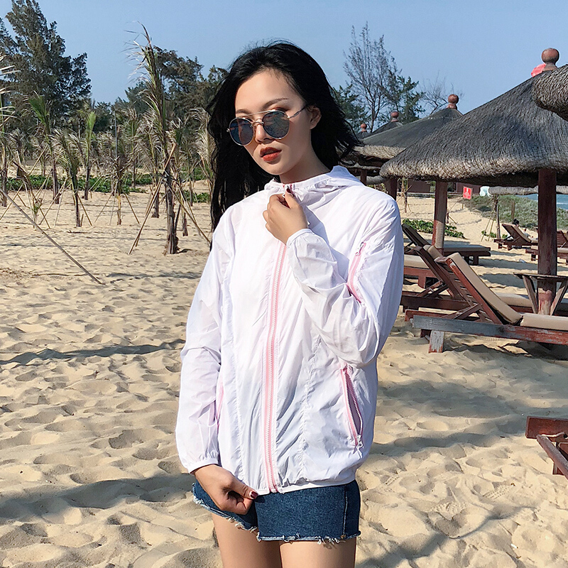新款度假防晒衣女2018夏季薄款皮肤衣宽松连帽防晒服空衫短外套