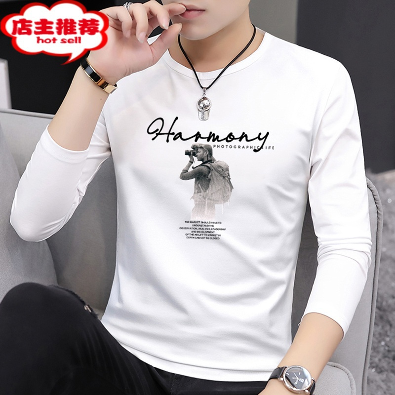 shanchao奥戴尔棉男士t恤长袖圆领休闲潮流白色体恤t打底衫t印花
