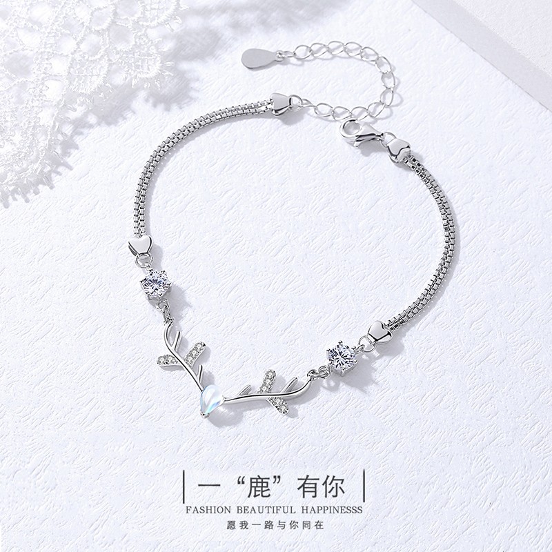 鑫铂尼[麋鹿手链]925纯银女时尚饰品女士媳妇儿小鹿一鹿路有你银手镯情侣女款手环首饰银饰520情人节生日礼物高清大图