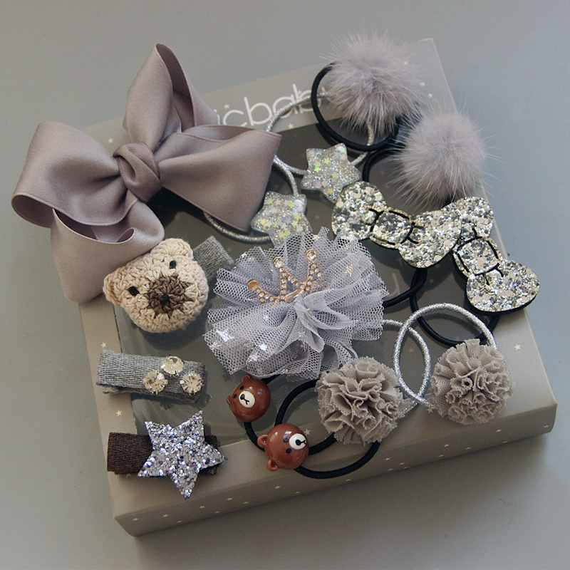 韩国儿童发夹发圈套装礼盒公主皇冠蝴蝶结头饰女宝宝发饰生日礼物浅