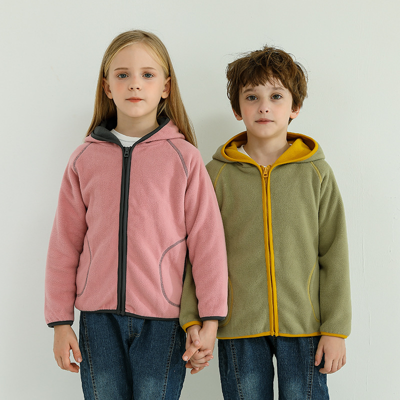 KIDS MAM&DAD秋冬男童女童加绒双层复合摇粒绒外套连帽中大童保暖上衣儿童外套