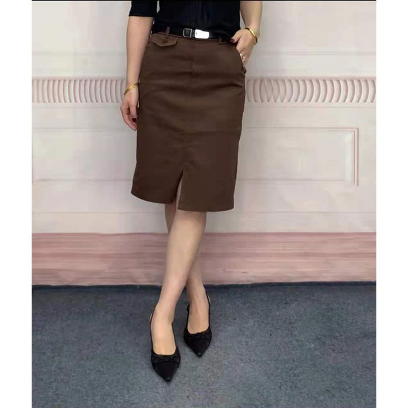 桥响女装#松紧高腰休闲半身裙早秋宽松洋气A字裙包臀遮垮开叉裙子 棕色 26-90-110