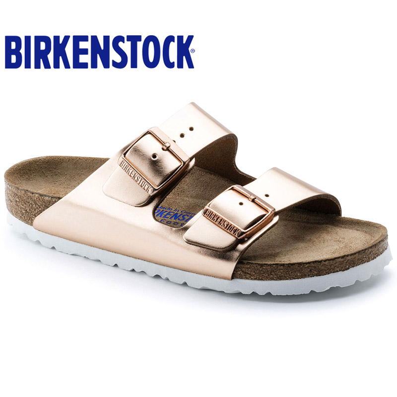 [软底]德国原装进口勃肯Birkenstock天然牛皮柔软鞋床软木两扣凉拖鞋Arizona金属色