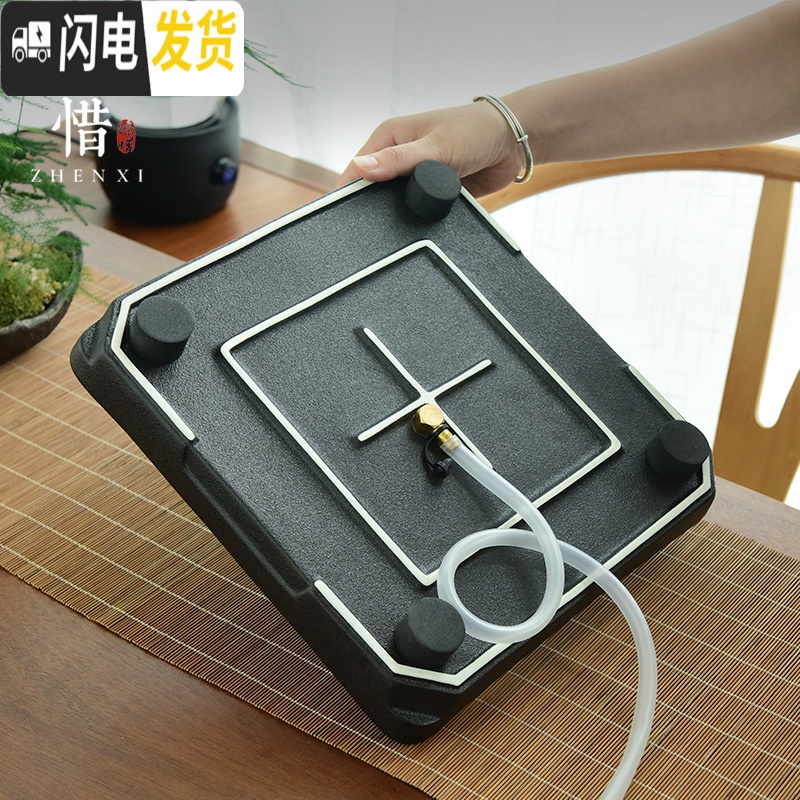 三维工匠 乌金石储排水双用干泡小茶盘家用简约功夫茶具套装托盘茶台 14日月正方乌金石黑陶侧把壶套装