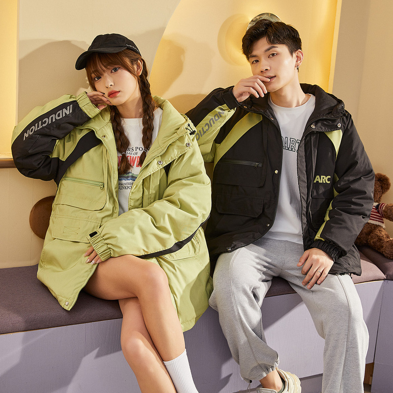 [2.5折价382元]唐狮冬季新款情侣羽绒服工装连帽撞色拼接外套男女加绒保暖潮