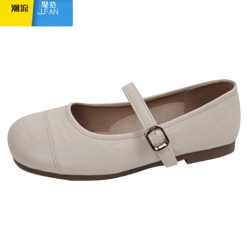 聚范白色法式圆头平底浅口单鞋女2024新款配裙子复古软底玛丽珍鞋高清大图