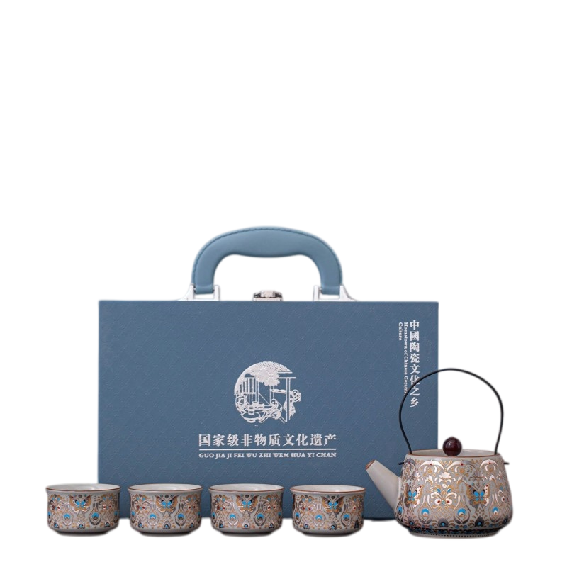 八方礼手工掐丝鎏金宝相旅行茶具