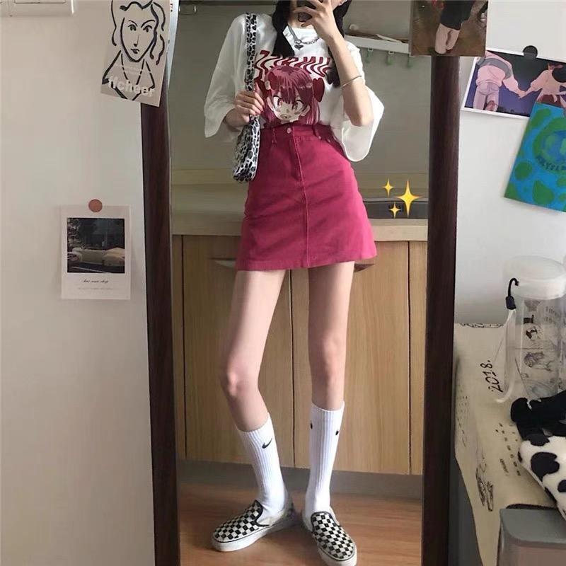 牛仔短裙女高腰夏季2021新款a字裙子辣妹包臀半身裙设计感女小众 玫红色 S