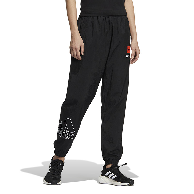 adidas SS22休闲收口梭织Logo运动长裤 女款 秋季 黑色 HM5292