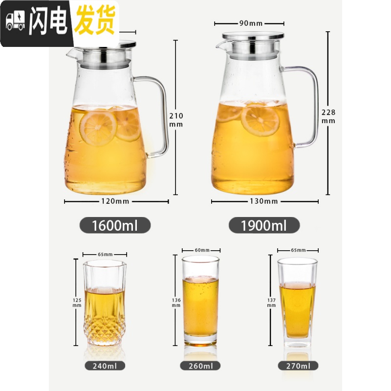 三维工匠冷水壶玻璃可高温凉水壶家用大容量泡茶壶果汁扎壶凉白开杯子套装 1.9冷水壶(不锈钢盖)+6只四方杯茶具高清大图