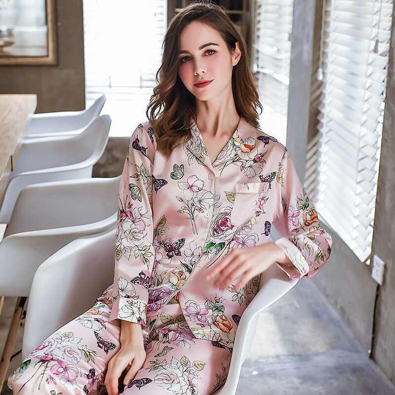 卡姿希品牌服饰真丝睡衣女春秋款两件套桑蚕丝性感蕾丝家居服长袖薄款