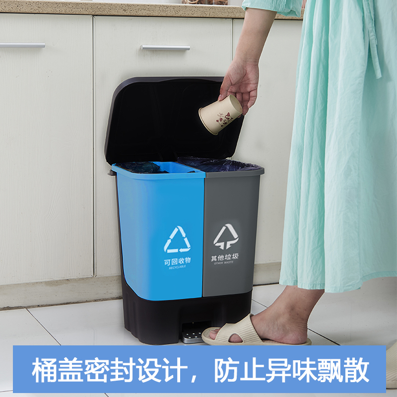 飞达三和分类垃圾桶办公家用日式脚踏厨房客厅办公室带盖干湿分离塑料脚踏垃圾筒欧式简约10L+10L G2472