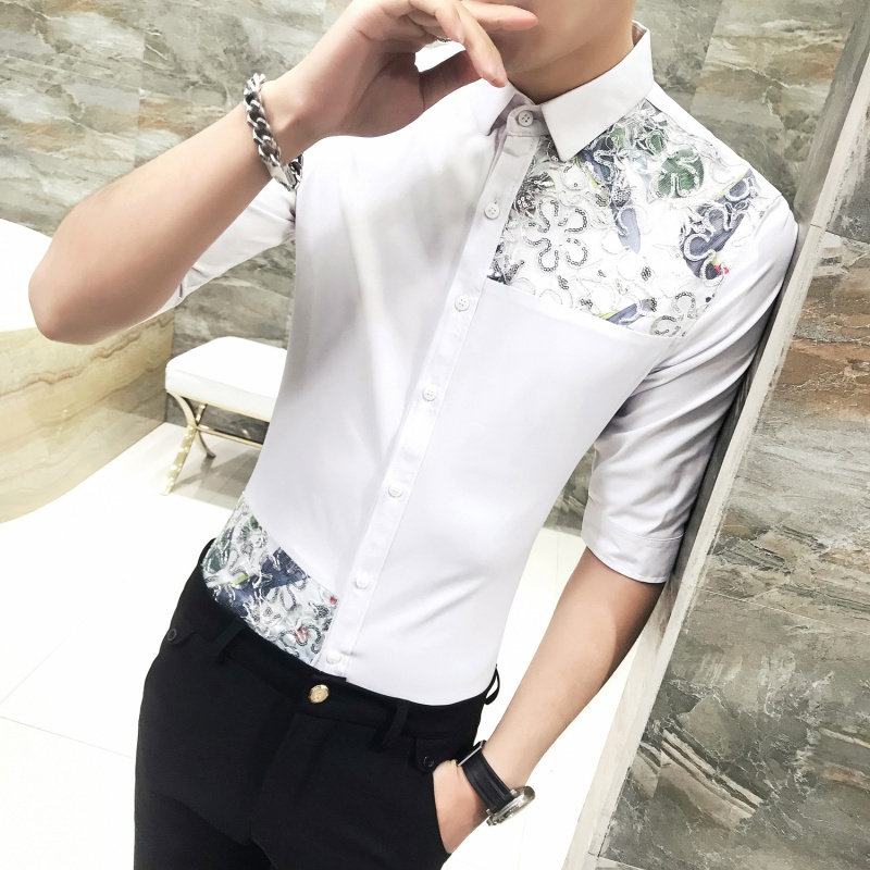 新款男蕾丝拼接时尚修身七分袖衬衫个性帅气中袖韩版型师潮短袖