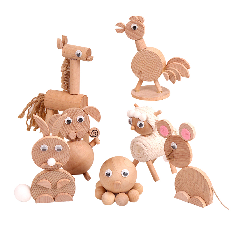 幼儿园立体儿童创意diy动物原木质自然材料包亲子手工制作半成品