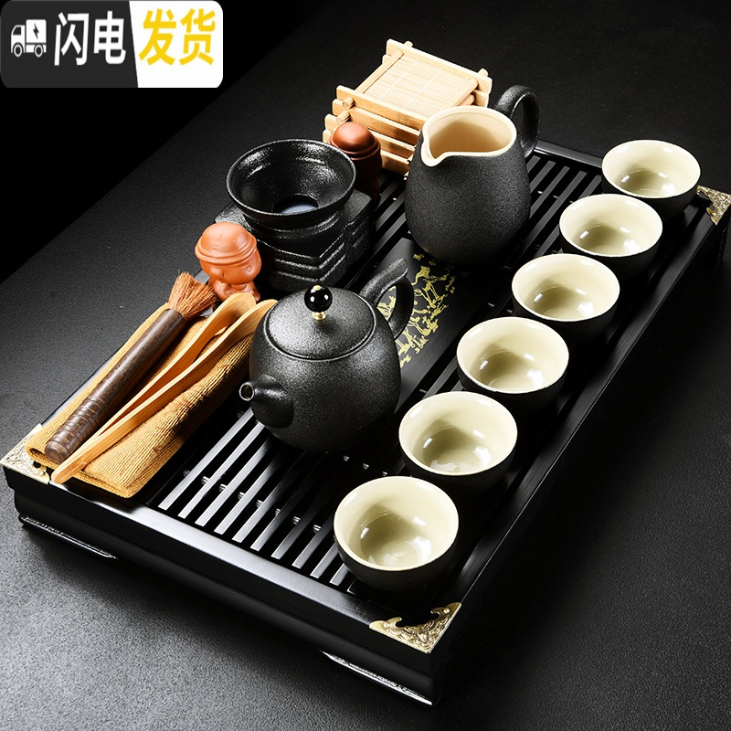三维工匠黑陶粗陶功夫茶具套装家用简约实木竹茶盘复古茶壶盖碗 黑陶冠壶15头+龙马竹茶盘(47*33*7.5cm) 10件