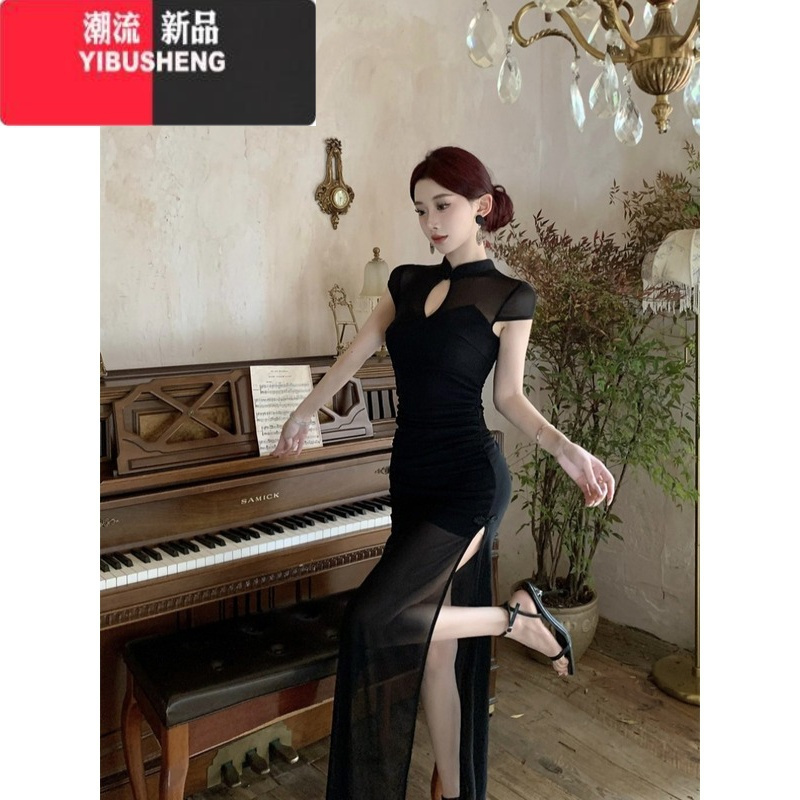 YIBUSHENG娜娜~新中式镂空复古连衣裙女装性感透视网纱拼接弹力开叉旗袍裙