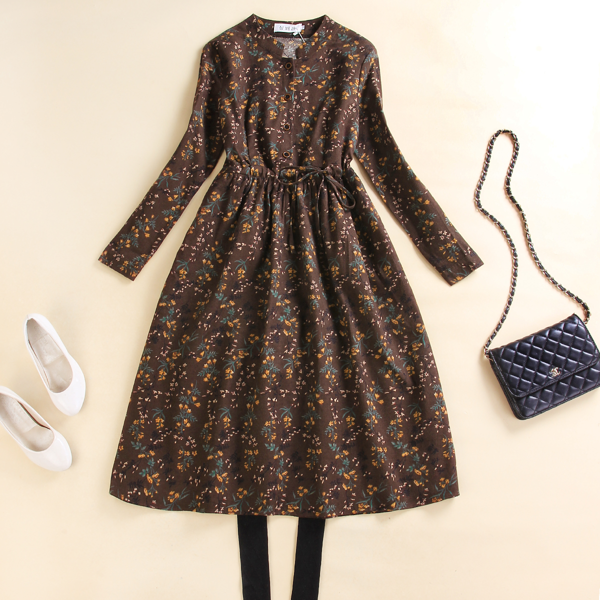 艳如飞棉麻女装碎花春秋新款韩版文艺长裙宽松中长款显瘦磨毛长袖