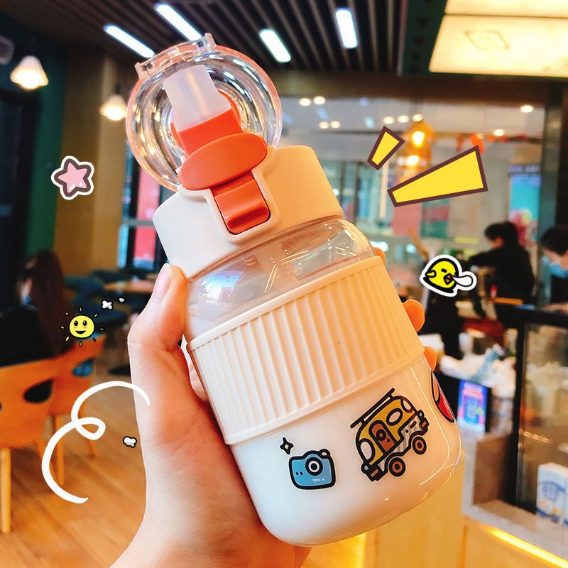 塑料tritan随手水杯子女学生韩版可爱儿童吸管杯防漏便携水壶 吸管款-磨砂白-300ml(PC款) [单杯]