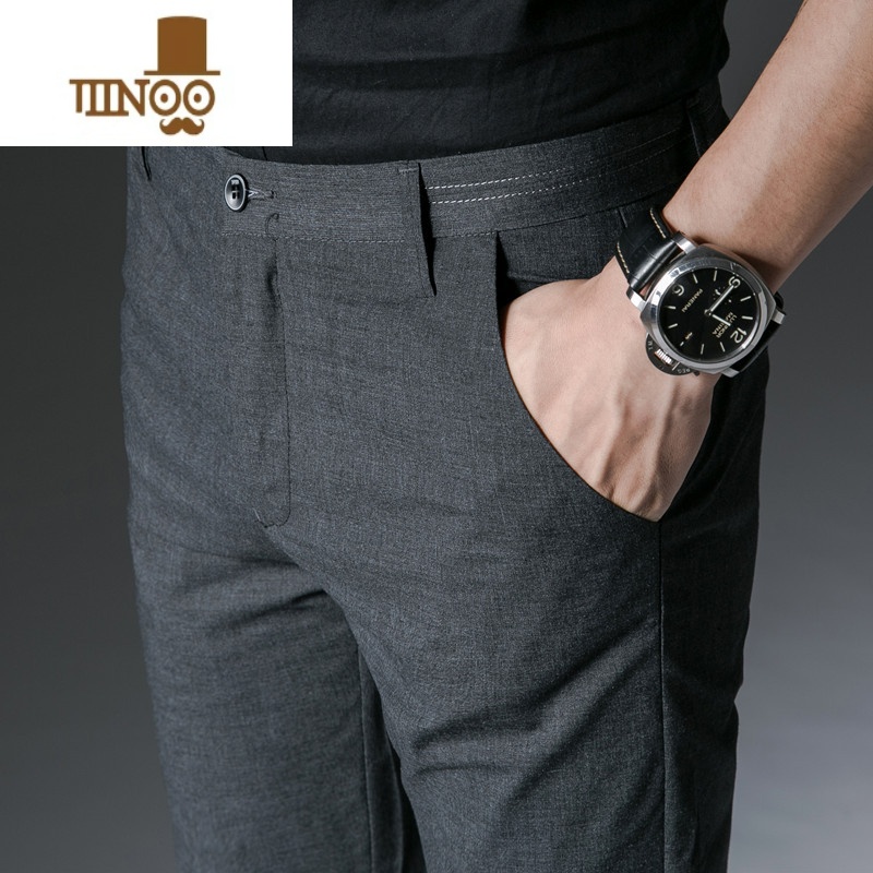 YANXU男裤冰丝男士休闲裤修身直筒长裤商务西装裤子男夏季薄款西裤男装高清大图