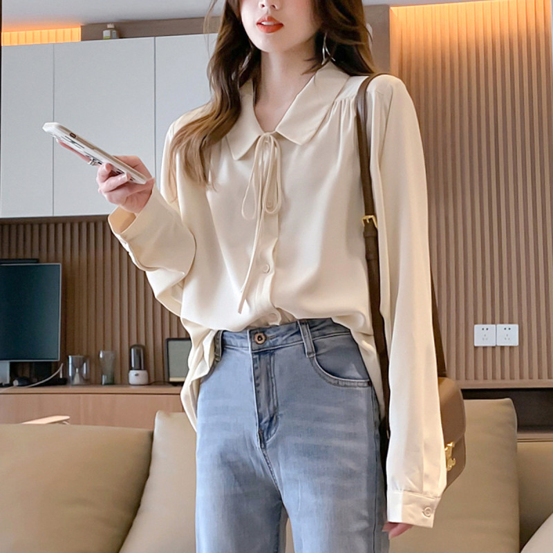 9元,叠加优惠券]唐狮女士衬衣春夏新款纯色绑绳垂感长袖衬衫气质可爱