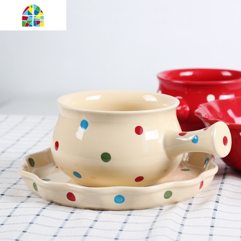 可爱波点陶瓷餐具家用碗碟套装韩式碗盘创意个性情侣水果沙拉碗具