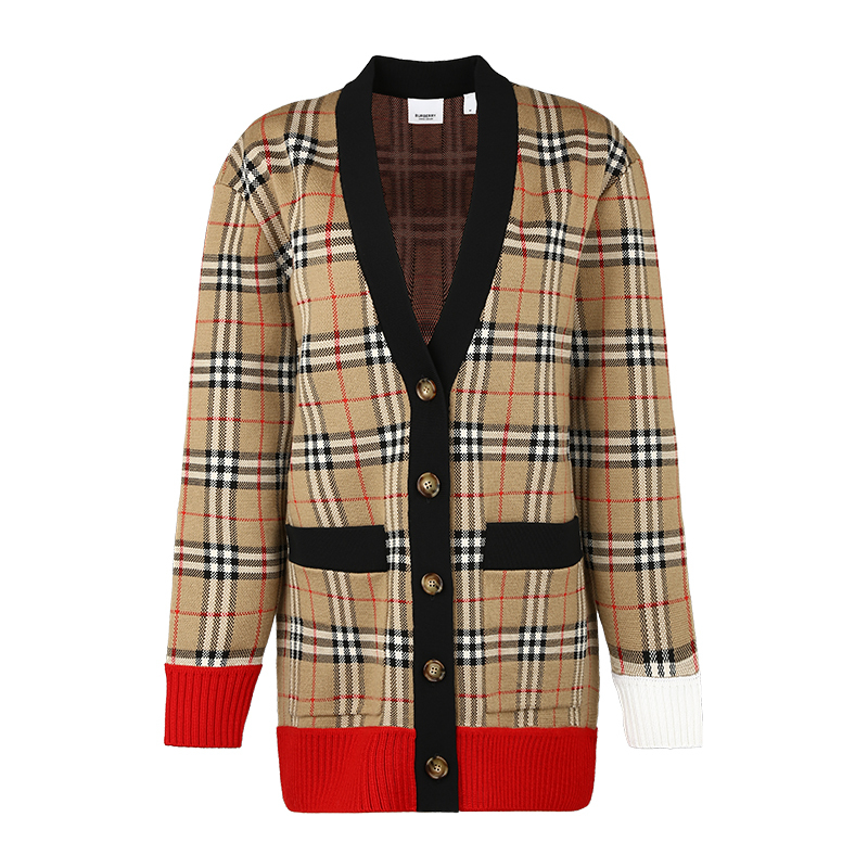 burberry博柏利2020年春夏新品女款格纹撞色中长款针织衫8024076