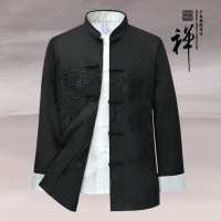 亚麻唐装男长袖中国风男装老人衣服爷爷上衣棉麻打底衫刺绣爸爸装黑色