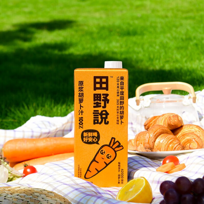 田野说 原浆胡萝卜汁无添加轻断食纯果蔬汁混合蔬菜汁1L*2瓶 单箱价