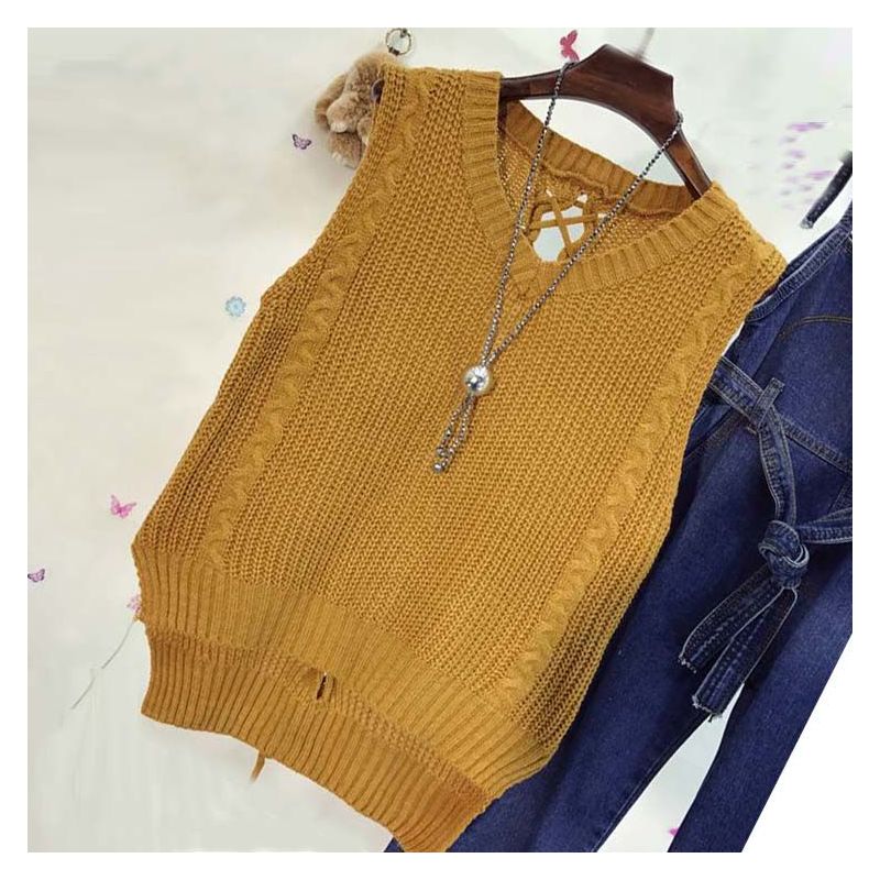 秋冬装毛衣背心女韩版小个子修身显瘦v领绑带无袖外穿针织衫马甲