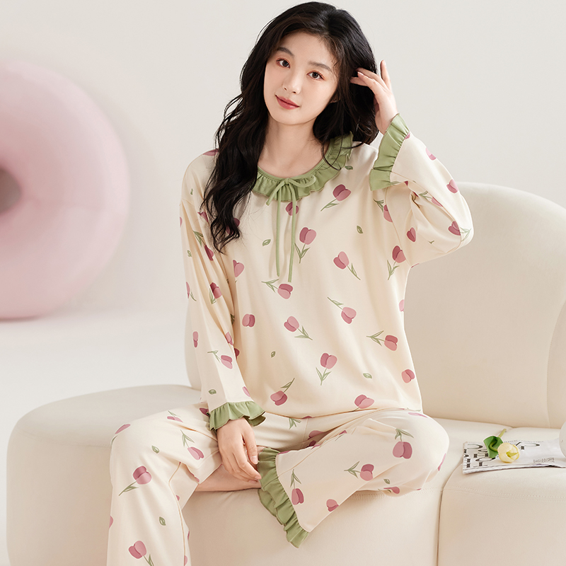 浪莎睡衣女春秋冬款花边公主风纯棉长袖裤套装冬天女生甜美家居冬高清大图