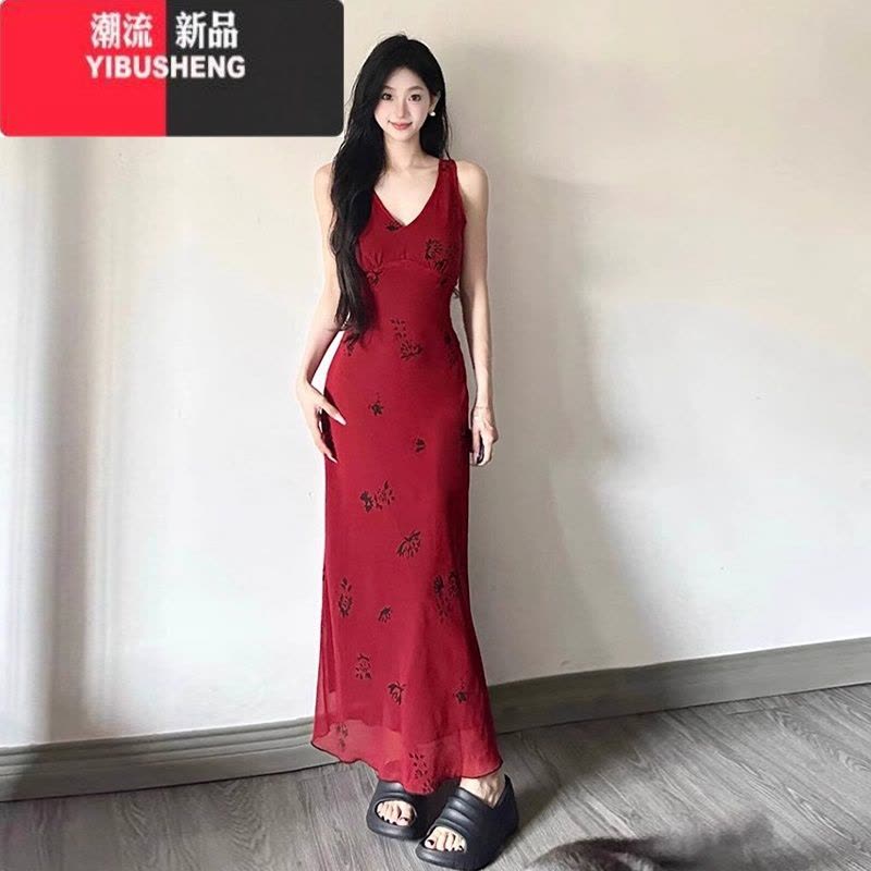 YIBUSHENG红色v领吊带碎花连衣裙子女季2024新款收腰修身包臀裙背心长裙图片