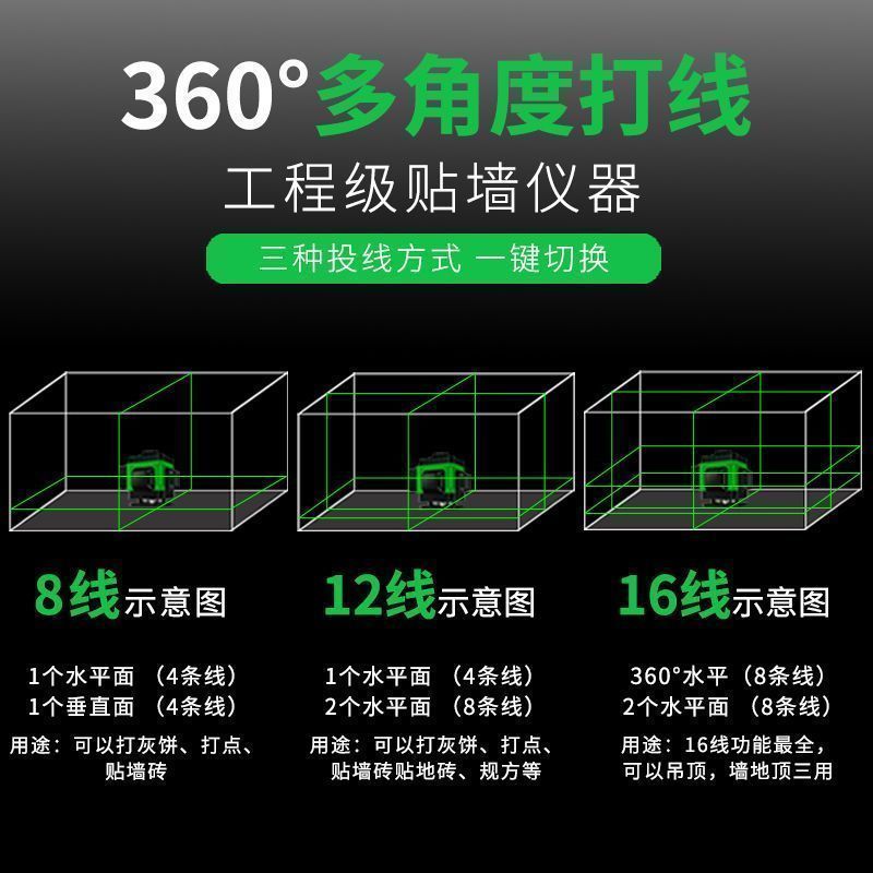 水平仪蓝光12线绿光16线红外线8线高精度古达强光3d贴墙贴地仪 12线绿光1锂电