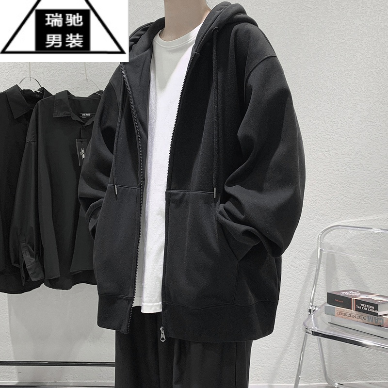 希杰狮王开衫连帽卫衣男春秋季黑色外套oversize早秋装衣服潮ins潮牌