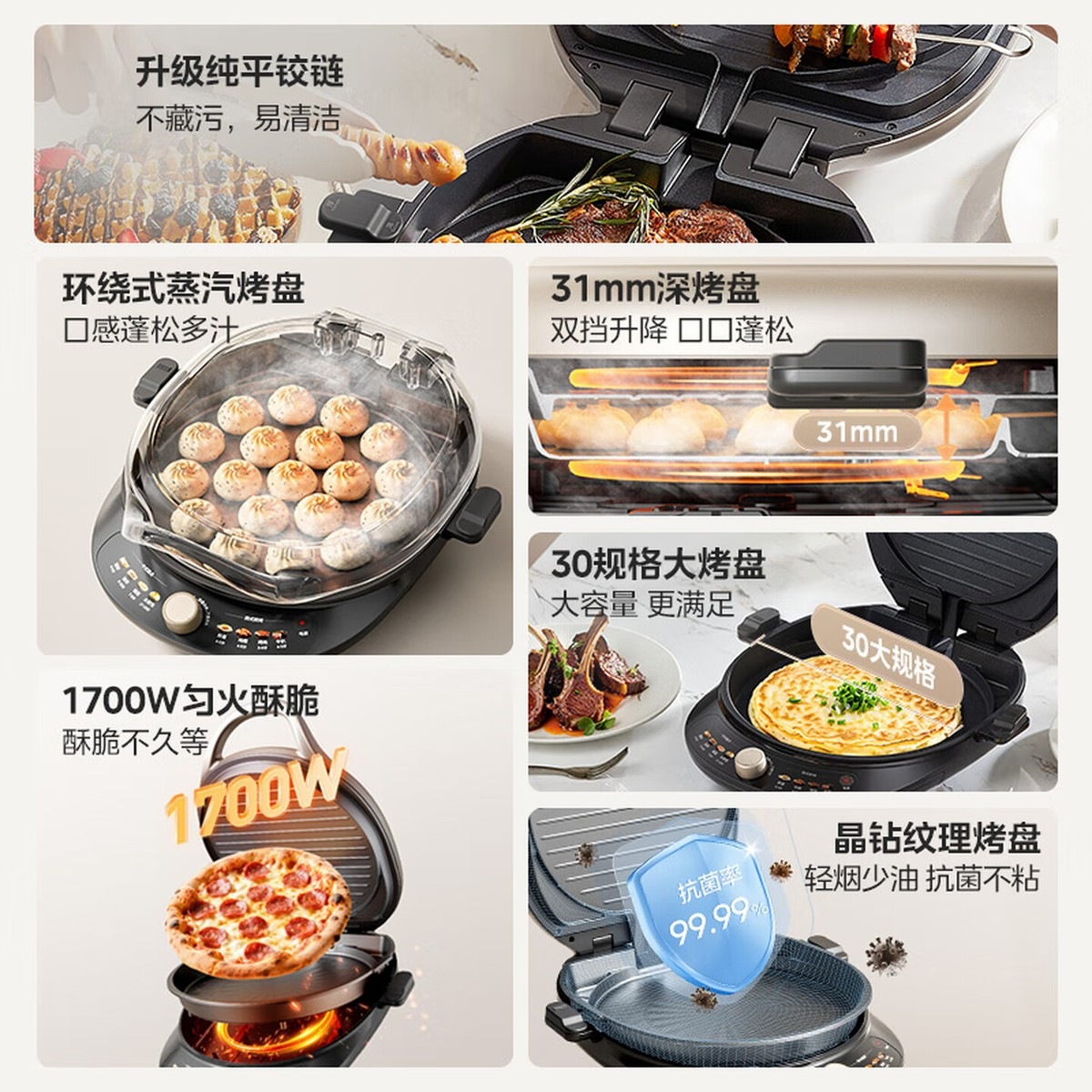美的(Midea)[价低头部主播9折]电饼铛 双面加热家用煎烤机烙饼锅烤肉煎饼薄饼机抗菌可升降烤盘 JKE30T78高清大图